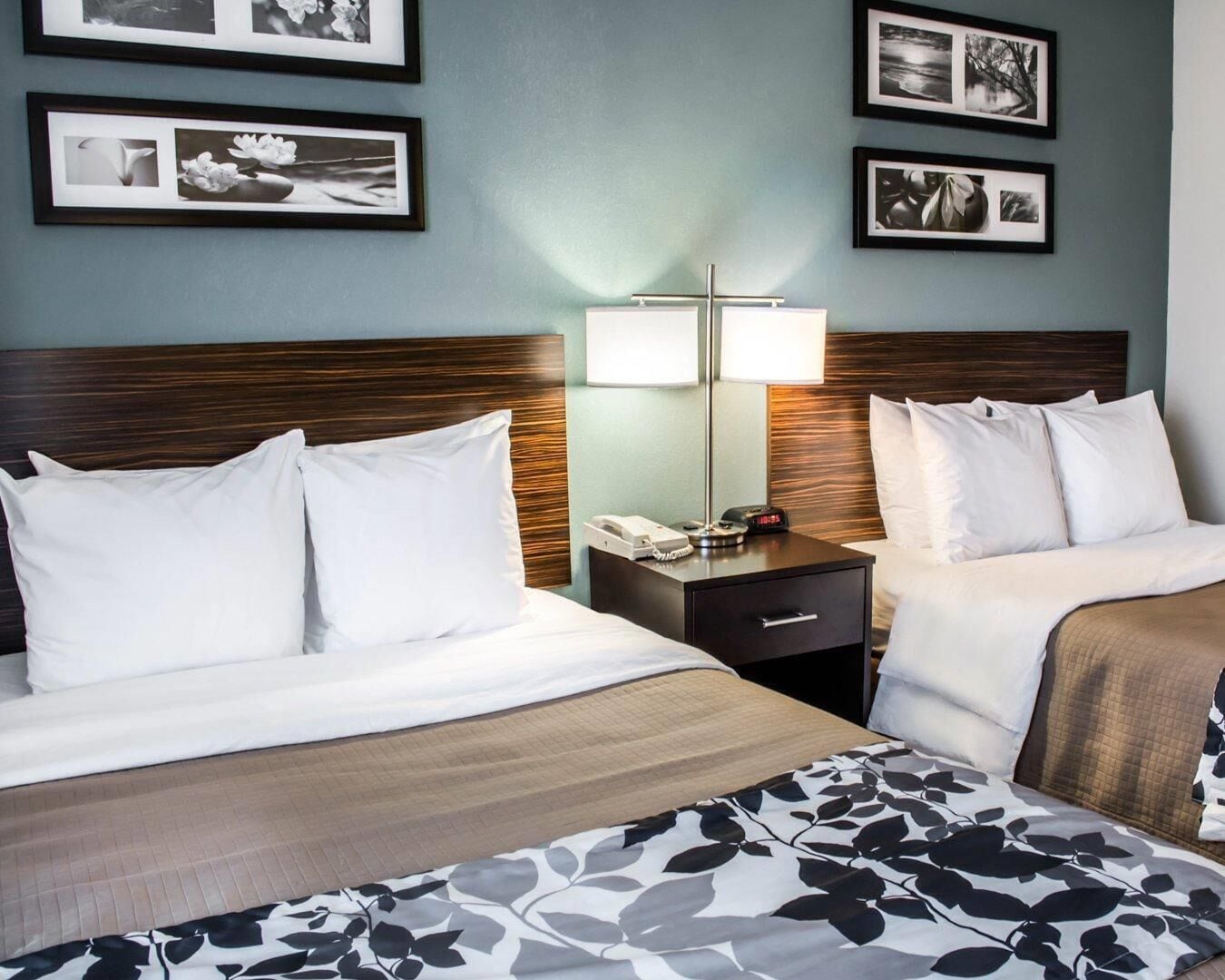 A hotel room with two beds, a nightstand with a lamp, and framed pictures on the wall.