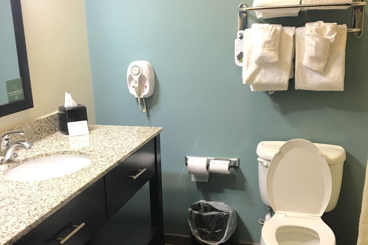 Une salle de bain équipée d’un lavabo, de toilettes et d’un porte-serviettes.
