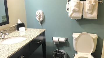 A bathroom with a sink, toilet, and towel rack.