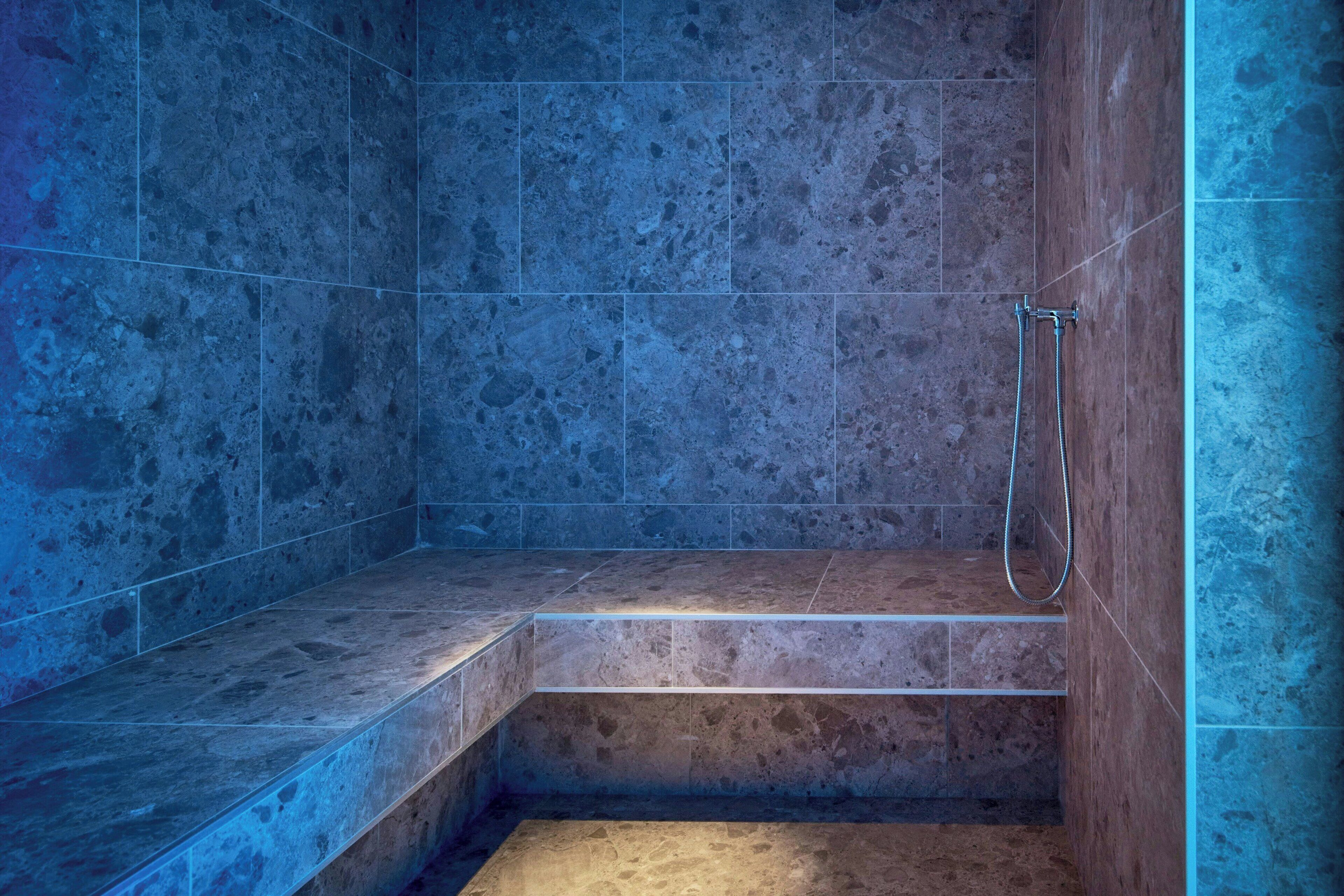 Une salle de bain avec des murs recouverts de carreaux bleus et un espace douche.