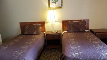 Habitación de hotel con dos camas, cada una con cubrecama y almohadas a juego con estampado floral. Hay una mesita de noche con una lámpara entre las camas, y una ilustración botánica enmarcada en la pared sobre la mesita.