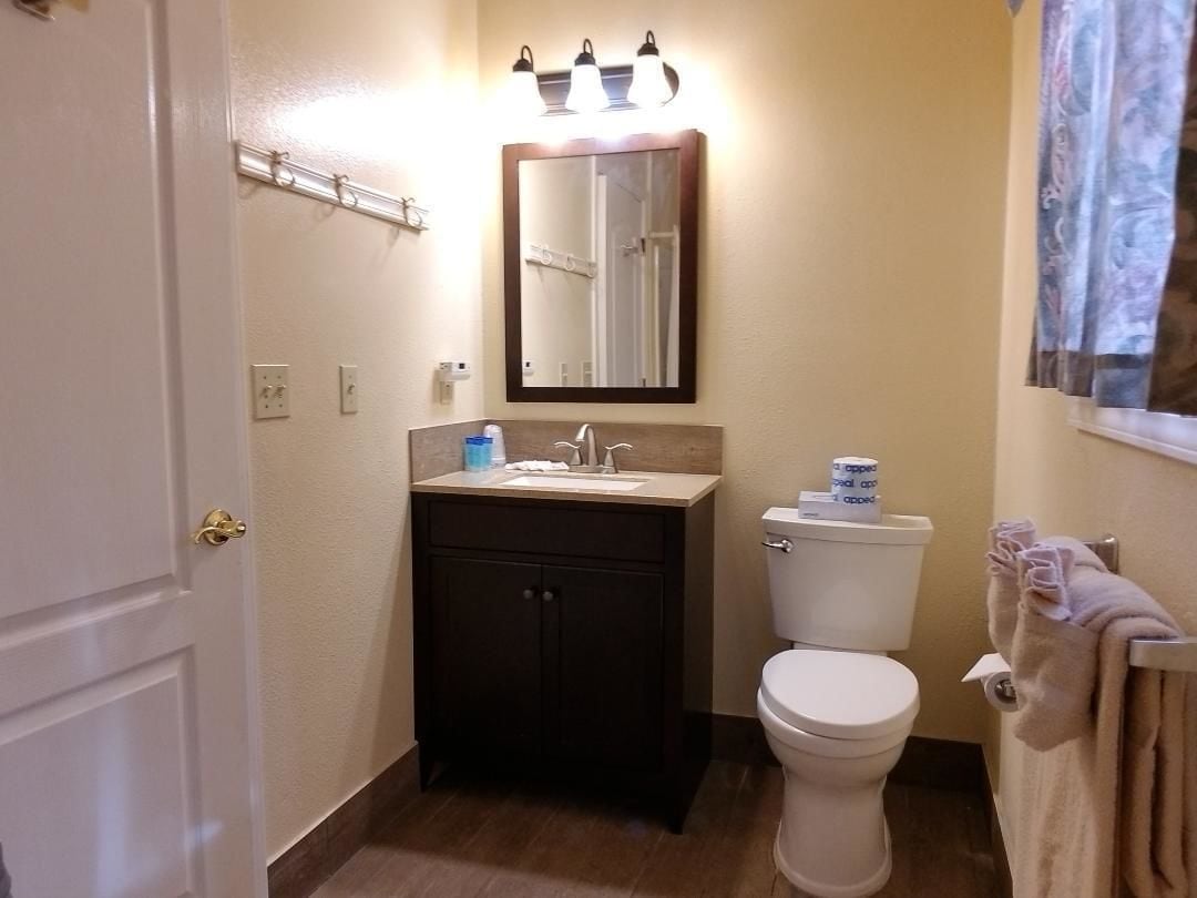 A bathroom with a sink, mirror, toilet, and towel rack.