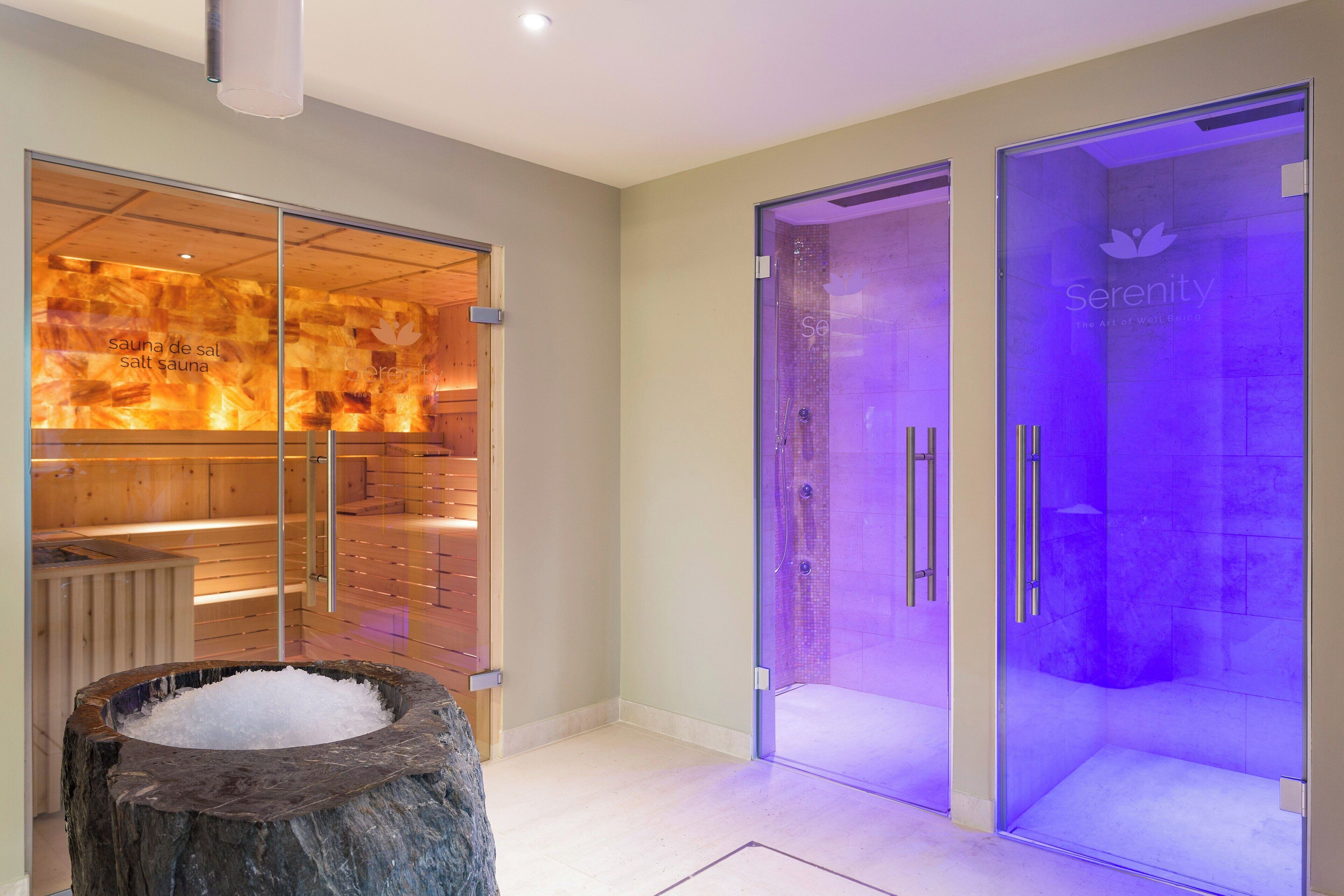 A spa room with a sauna, a glass-enclosed shower, and a stone basin.