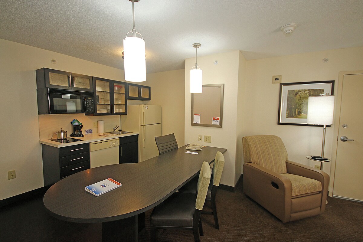 Desk, laptop workspace, blackout curtains, iron/ironing board