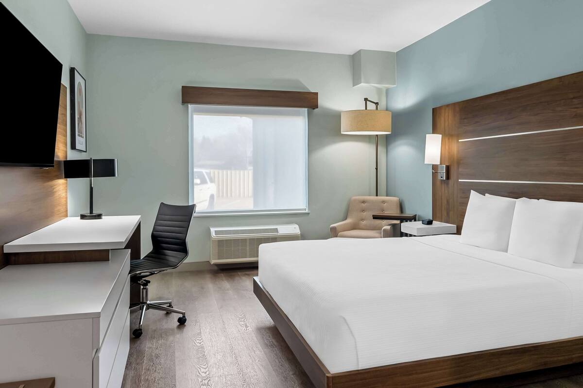 standard room, 1 king bed, accessible, non smoking (walk-in shower) | in-room safe, desk, laptop workspace, iron/ironing board