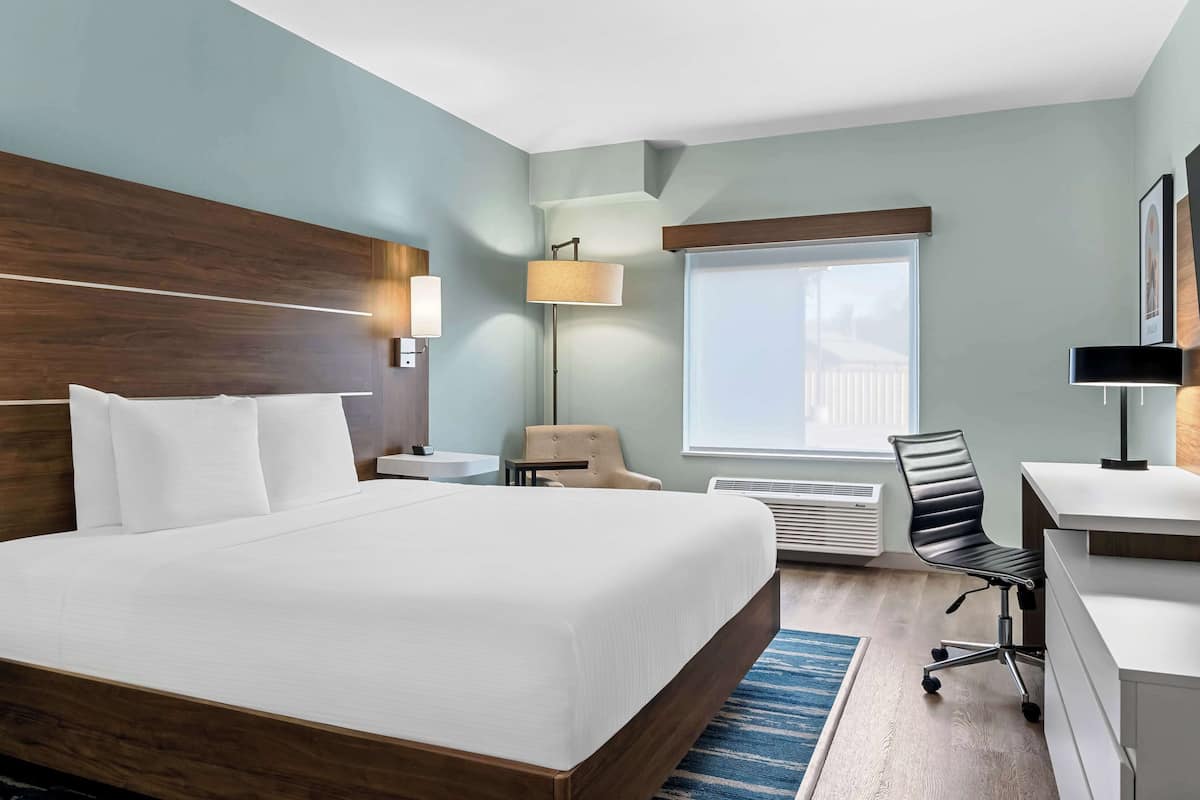 A hotel room with a large bed, a desk, a chair, a lamp, and a window with a view.