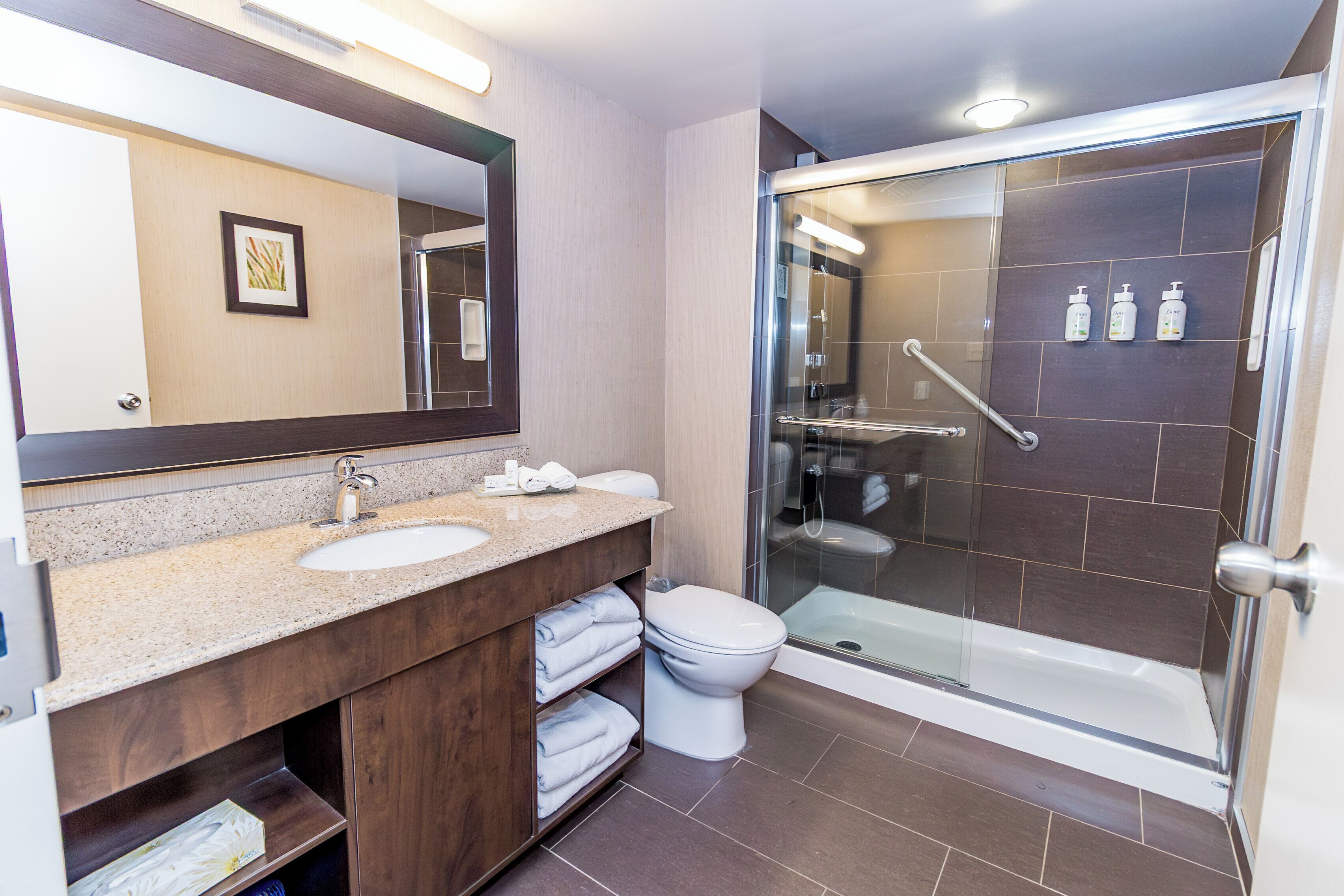Shower, free toiletries, hair dryer, towels