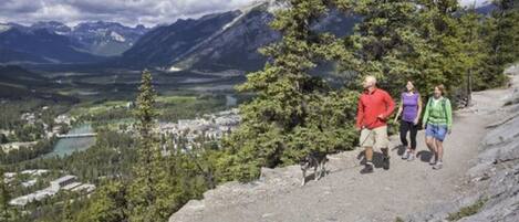 A group of people hiking on a mountain trail with a view of a lake and mountains in the background.