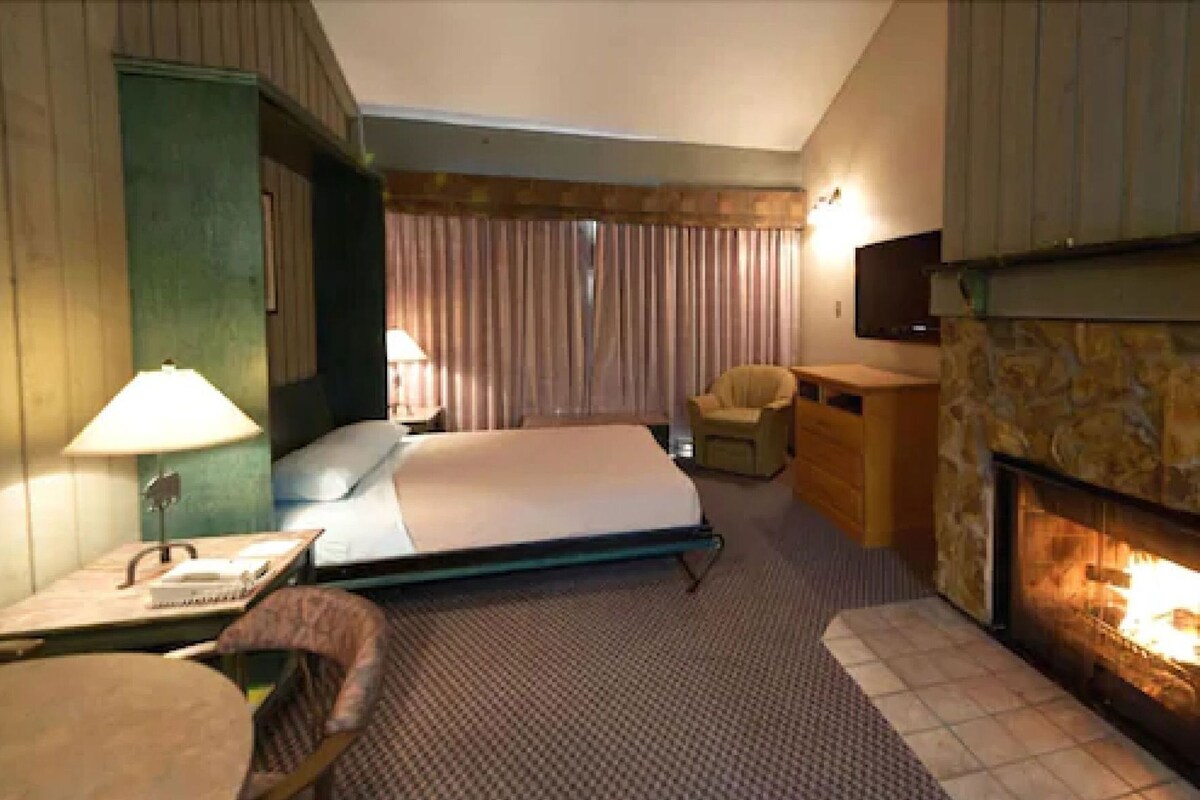 Una habitación de hotel con una cama, un escritorio, una silla, un televisor y una chimenea.