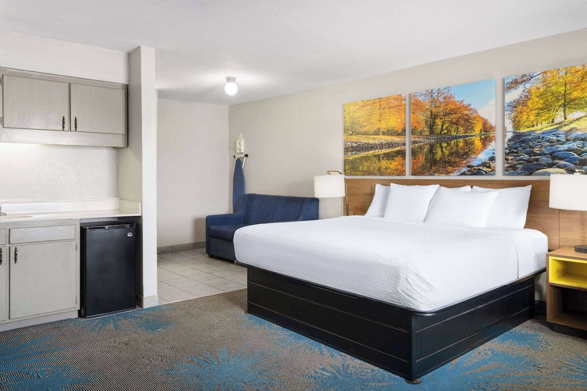 A hotel room with a bed, a desk, a chair, a small refrigerator, and a painting on the wall.