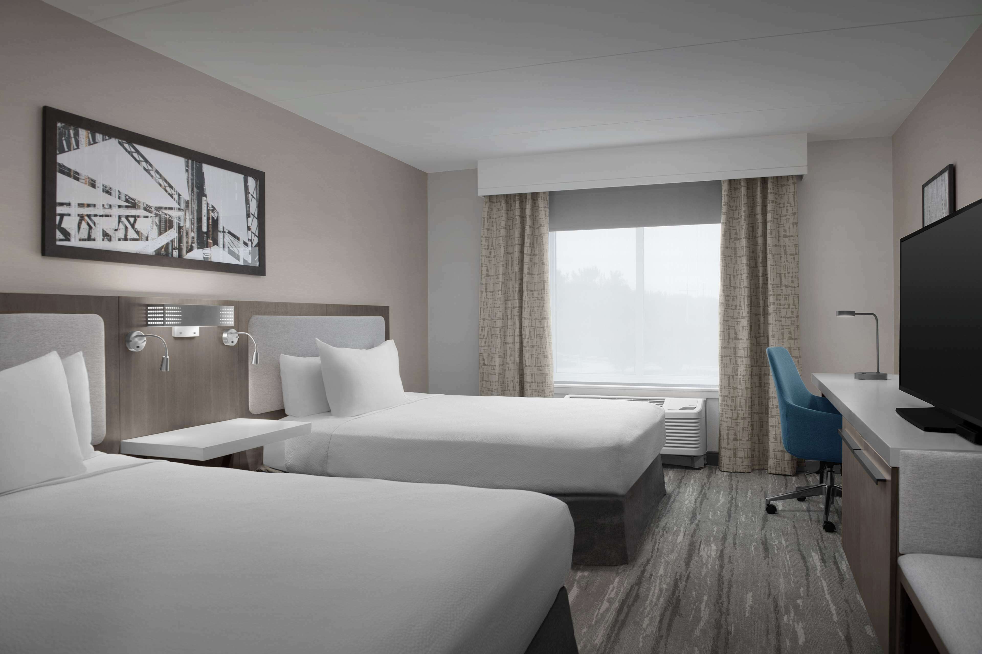 desk, laptop workspace, blackout curtains, iron/ironing board