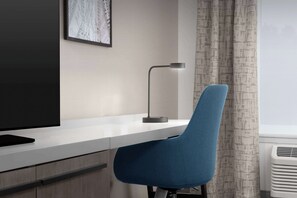 1 bedroom, desk, laptop workspace, blackout curtains