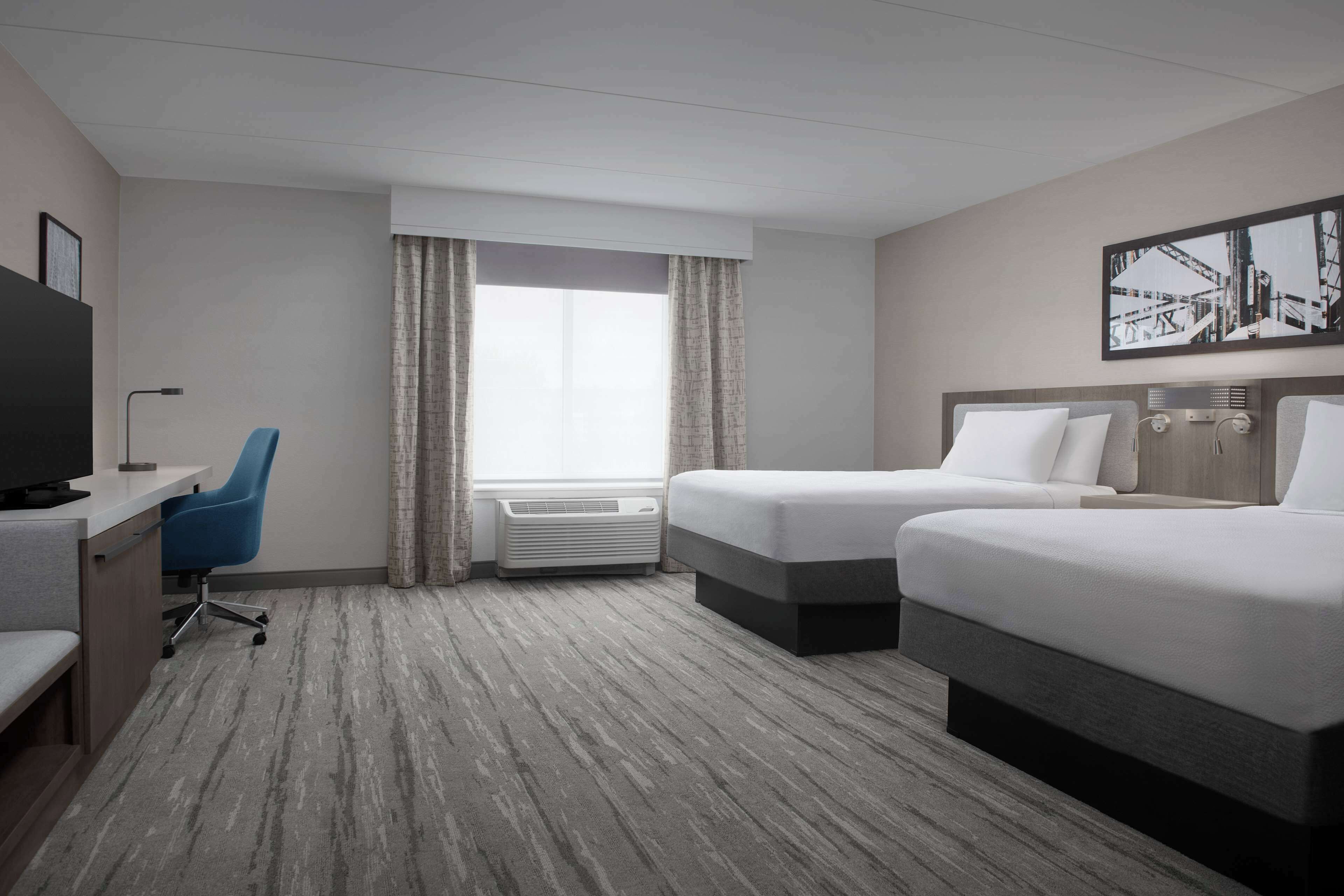 desk, laptop workspace, blackout curtains, iron/ironing board