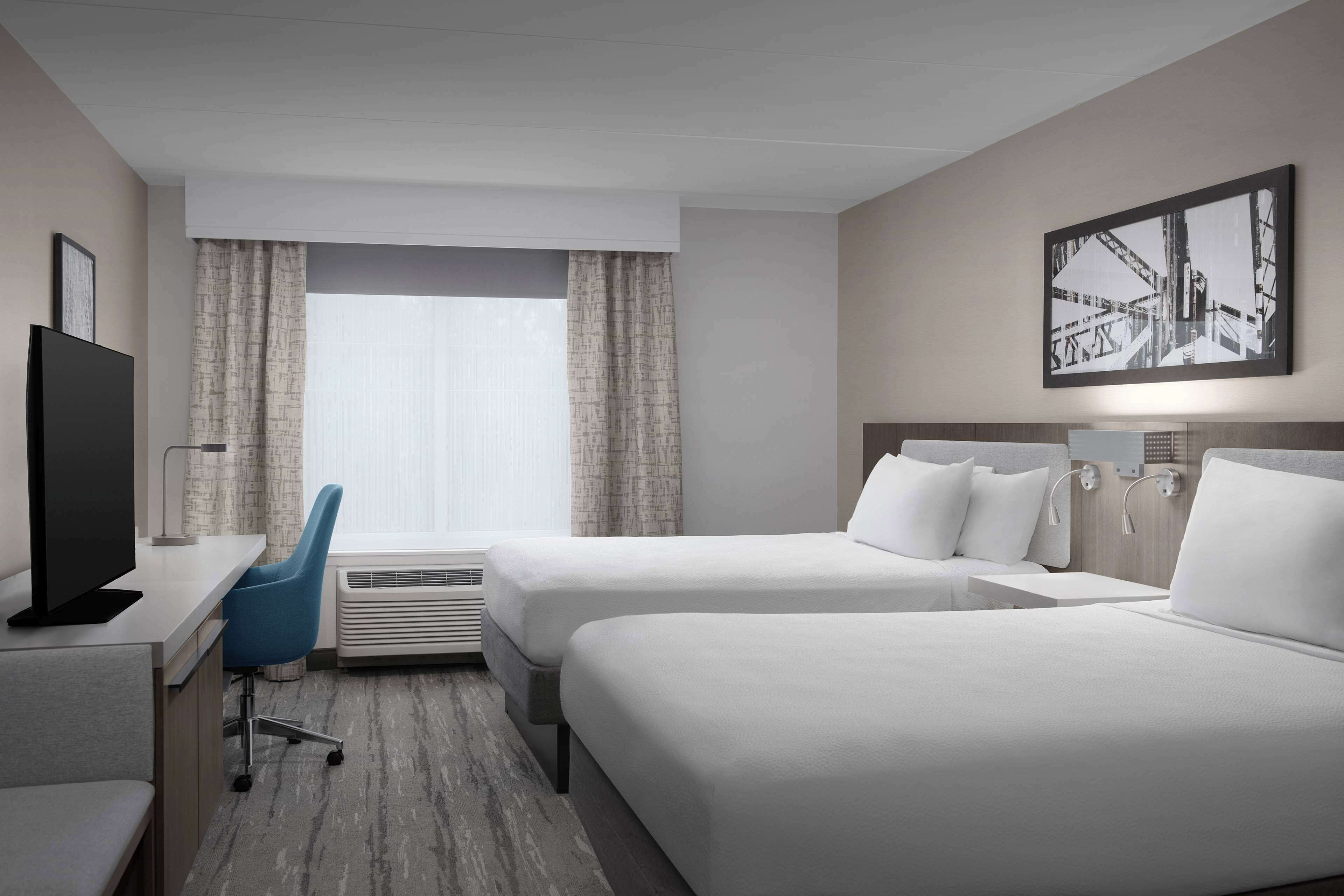 desk, laptop workspace, blackout curtains, iron/ironing board