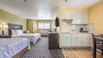 2 Queen Beds Kitchenette NS | Desk, laptop workspace, blackout drapes, iron/ironing board