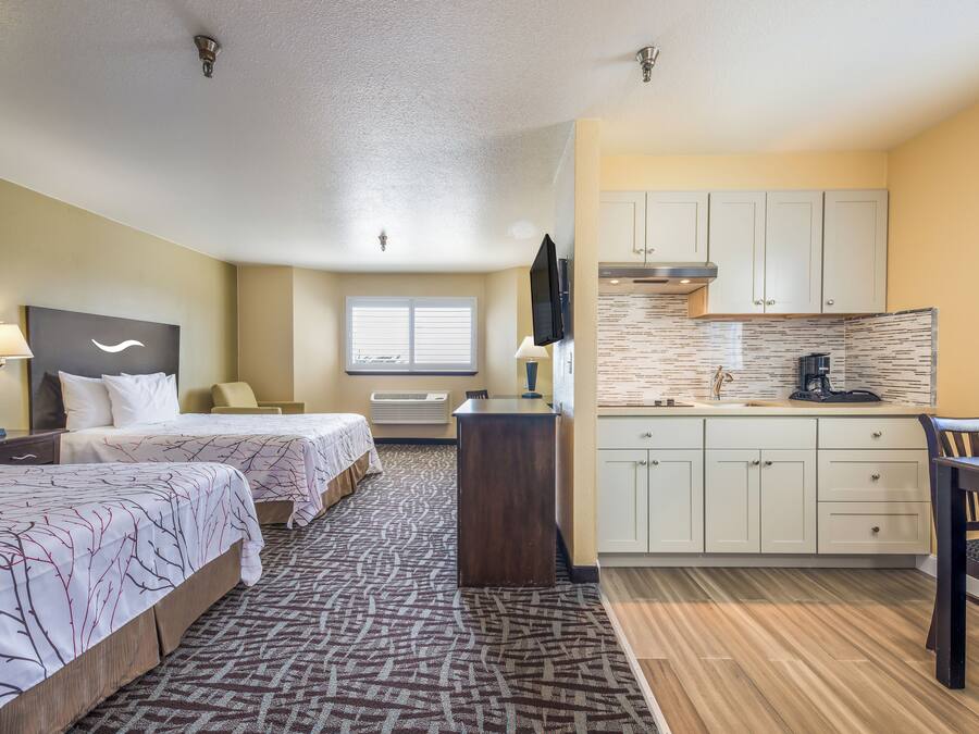 2 Queen Beds Kitchenette NS | Desk, laptop workspace, blackout drapes, iron/ironing board