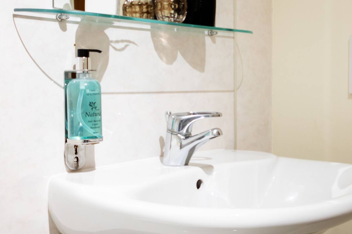 combined shower/bathtub, free toiletries, hair dryer, towels