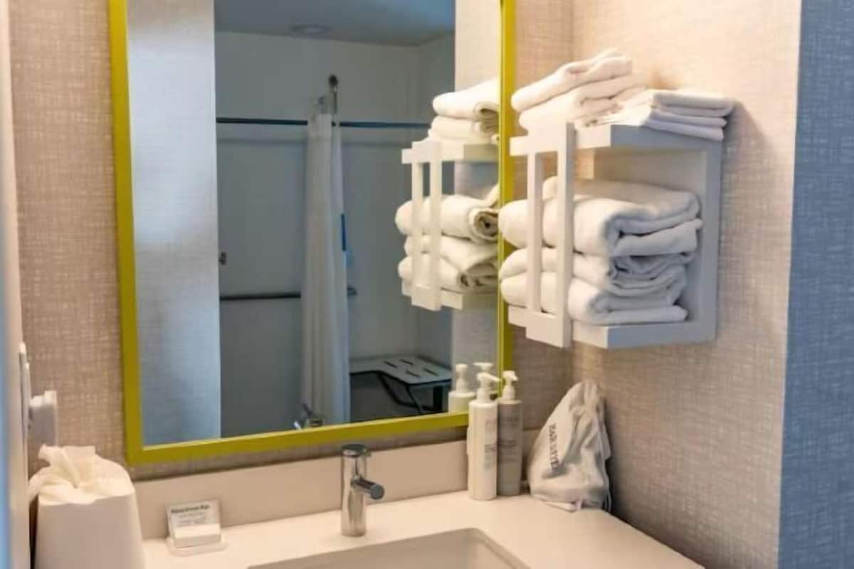 Bathroom | Combined shower/tub, hair dryer, towels