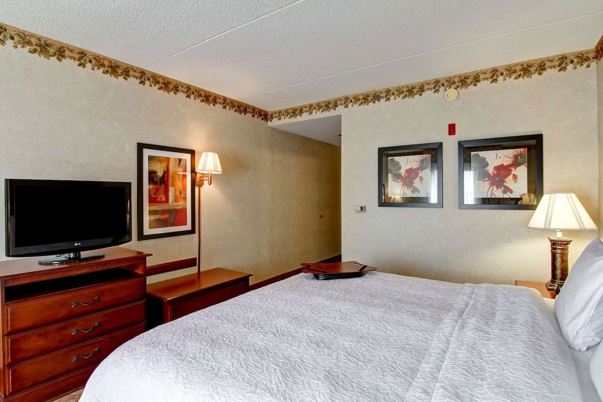 A hotel room with a bed, a TV, a desk, and two lamps.