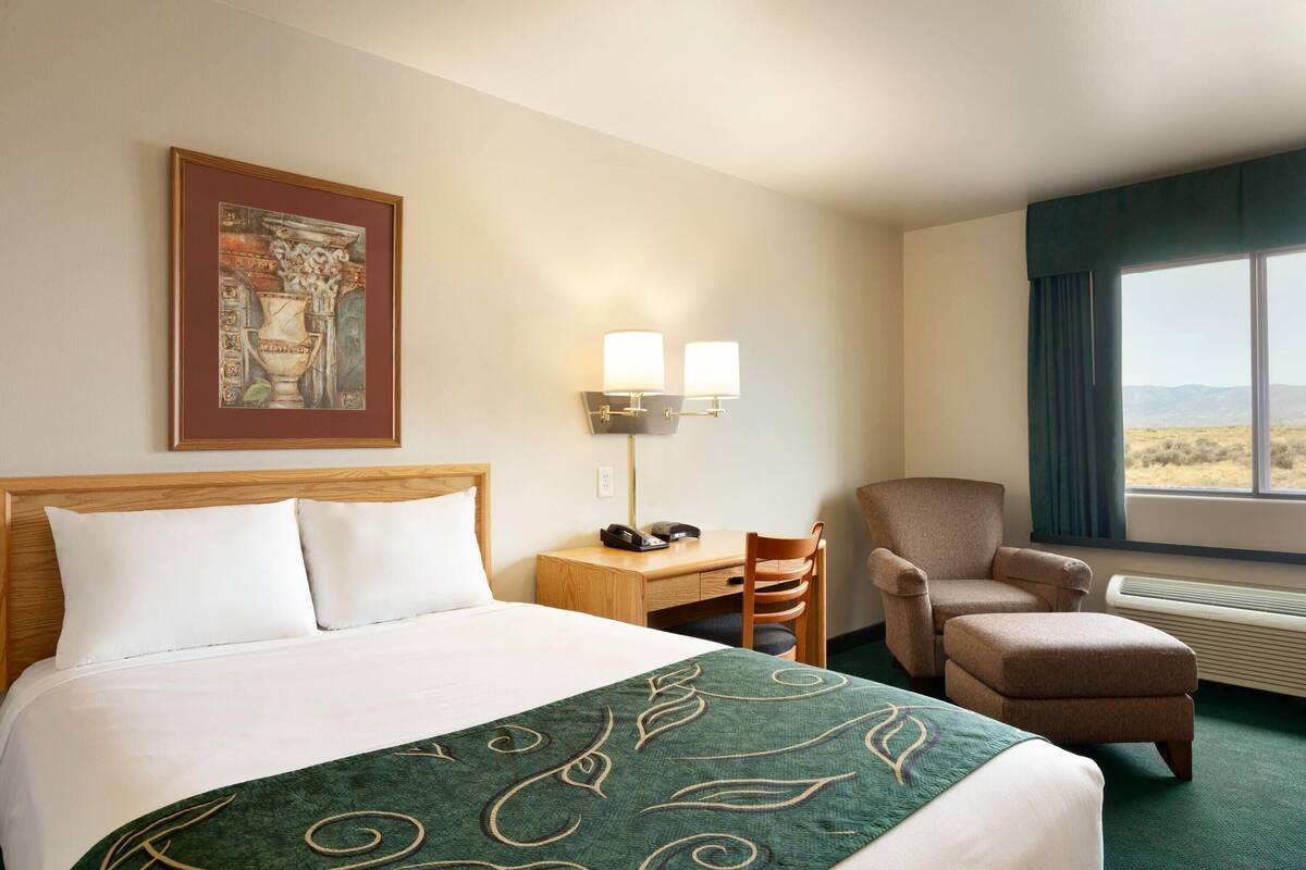 Een hotelkamer met een bed, een bureau, een stoel, een lamp en een raam met uitzicht.