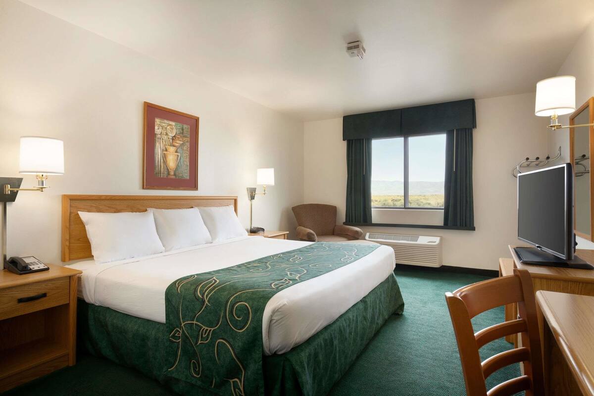 Een hotelkamer met een bed, een bureau, een stoel, een televisietoestel en een raam met uitzicht.