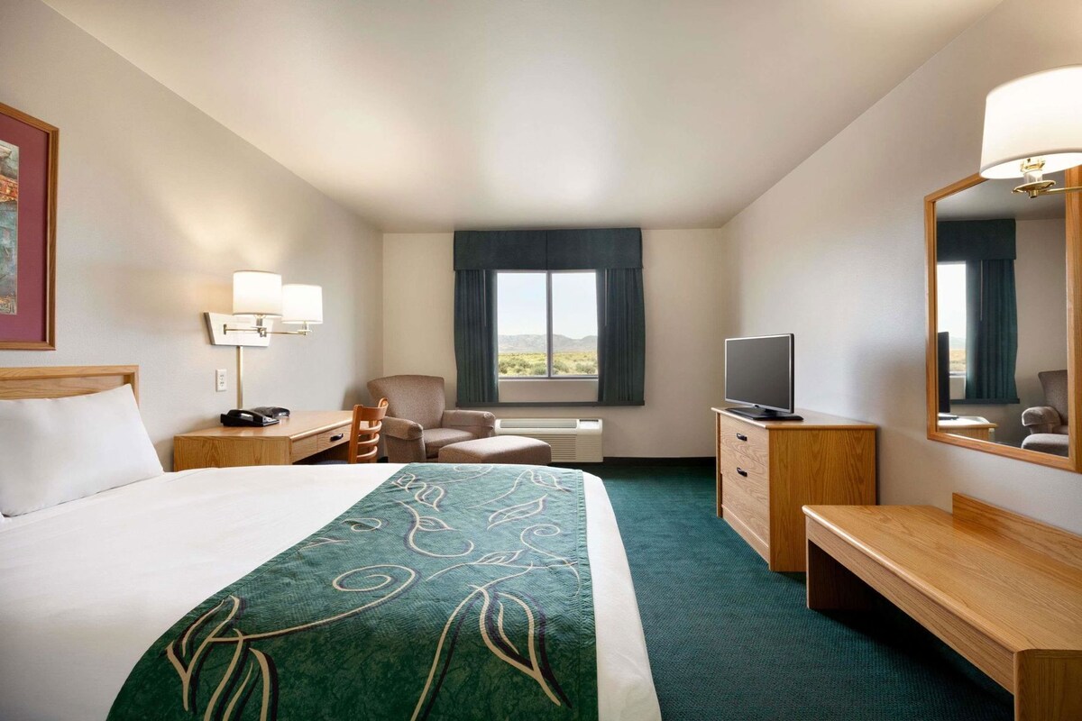 Une chambre d’hôtel équipée d’un lit, d’un bureau, d’une chaise, d’une télévision et d’une grande fenêtre donnant sur un beau paysage.