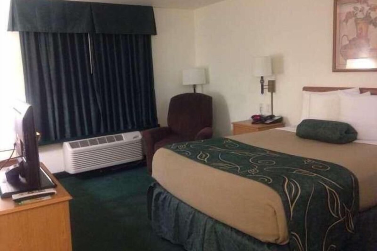 Une chambre d’hôtel avec un lit, un bureau, une chaise, une lampe et une fenêtre avec des rideaux.