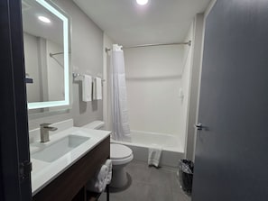 Combined shower/bathtub, free toiletries, hair dryer, towels
