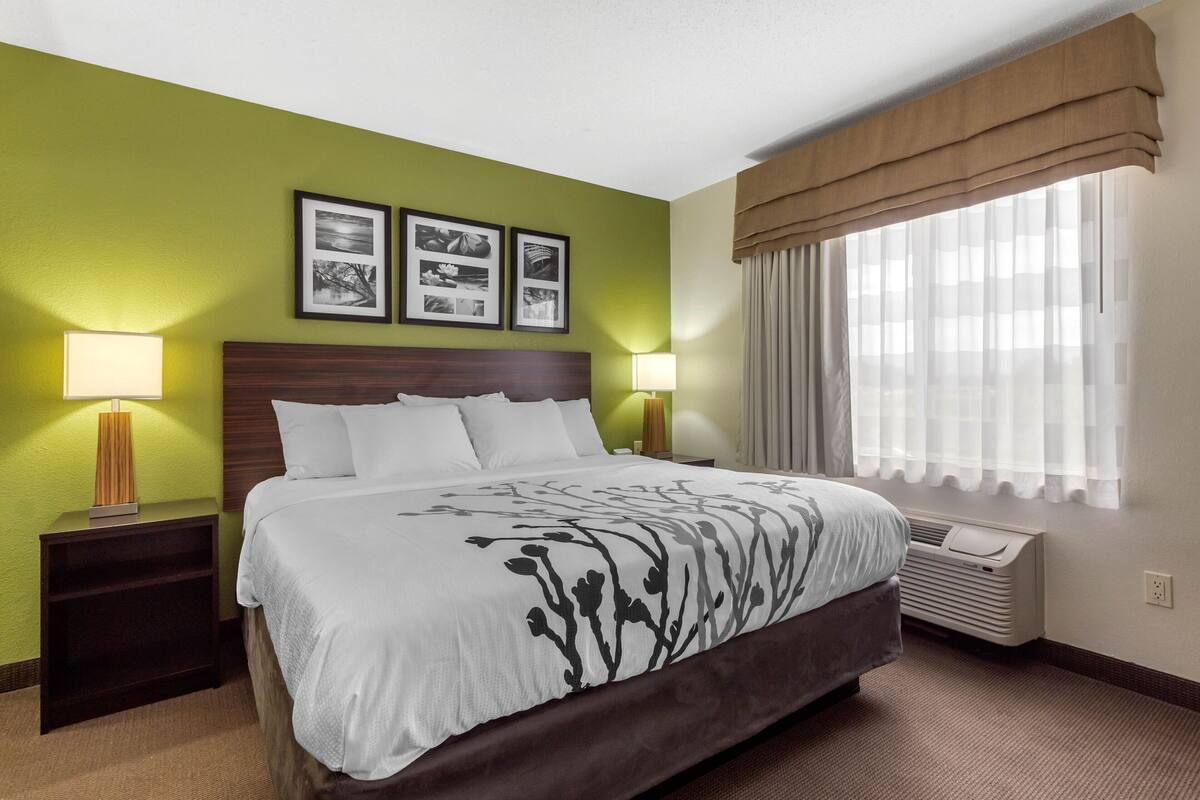 A hotel room with a large bed, two bedside lamps, a nightstand, a window with sheer curtains, and three framed pictures on the wall.