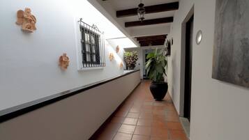 Un pasillo con paredes blancas, piso de baldosas y una planta grande en maceta.