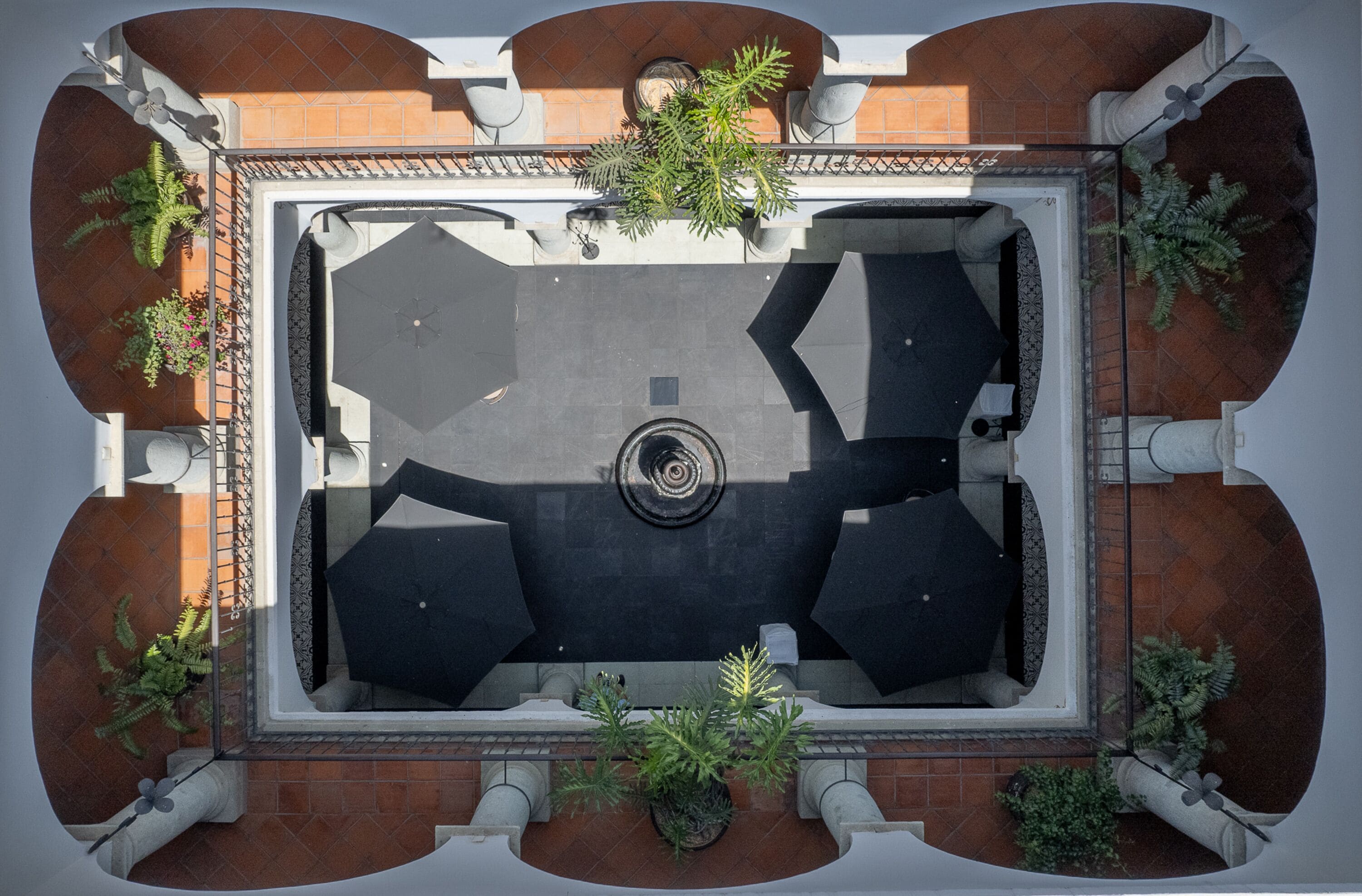 Una terraza en la azotea con un área de estar central, rodeada de plantas en macetas y una fuente decorativa.
