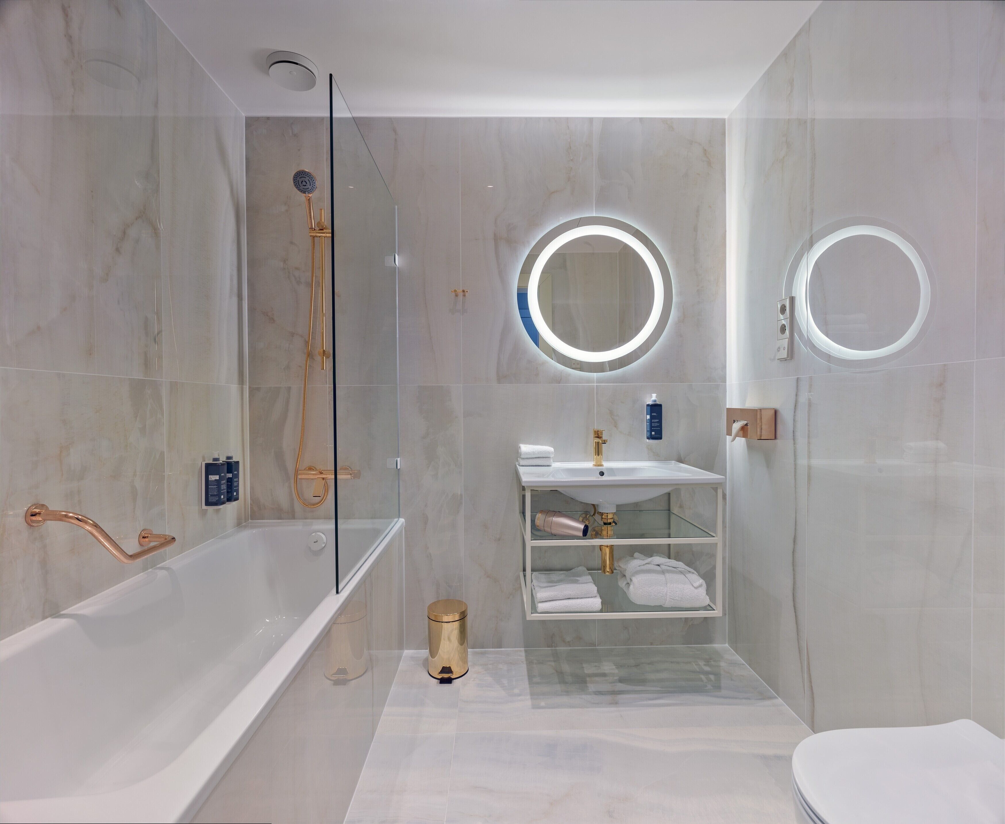 free toiletries, hair dryer, bathrobes, towels