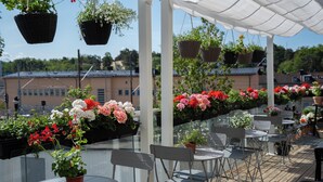 En udendørs terrasse med borde og stole, omgivet af blomsterkurve.