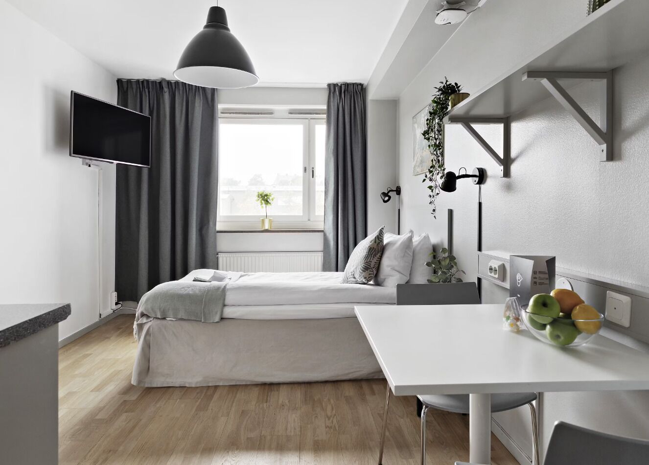 Een moderne slaapkamer met een bed, nachtkastje en een bureau met stoel. Er is een raam met gordijnen, een flatscreen-tv aan de muur en een potplant op het bureau.