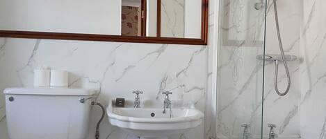 A bathroom with a toilet, sink, and shower.