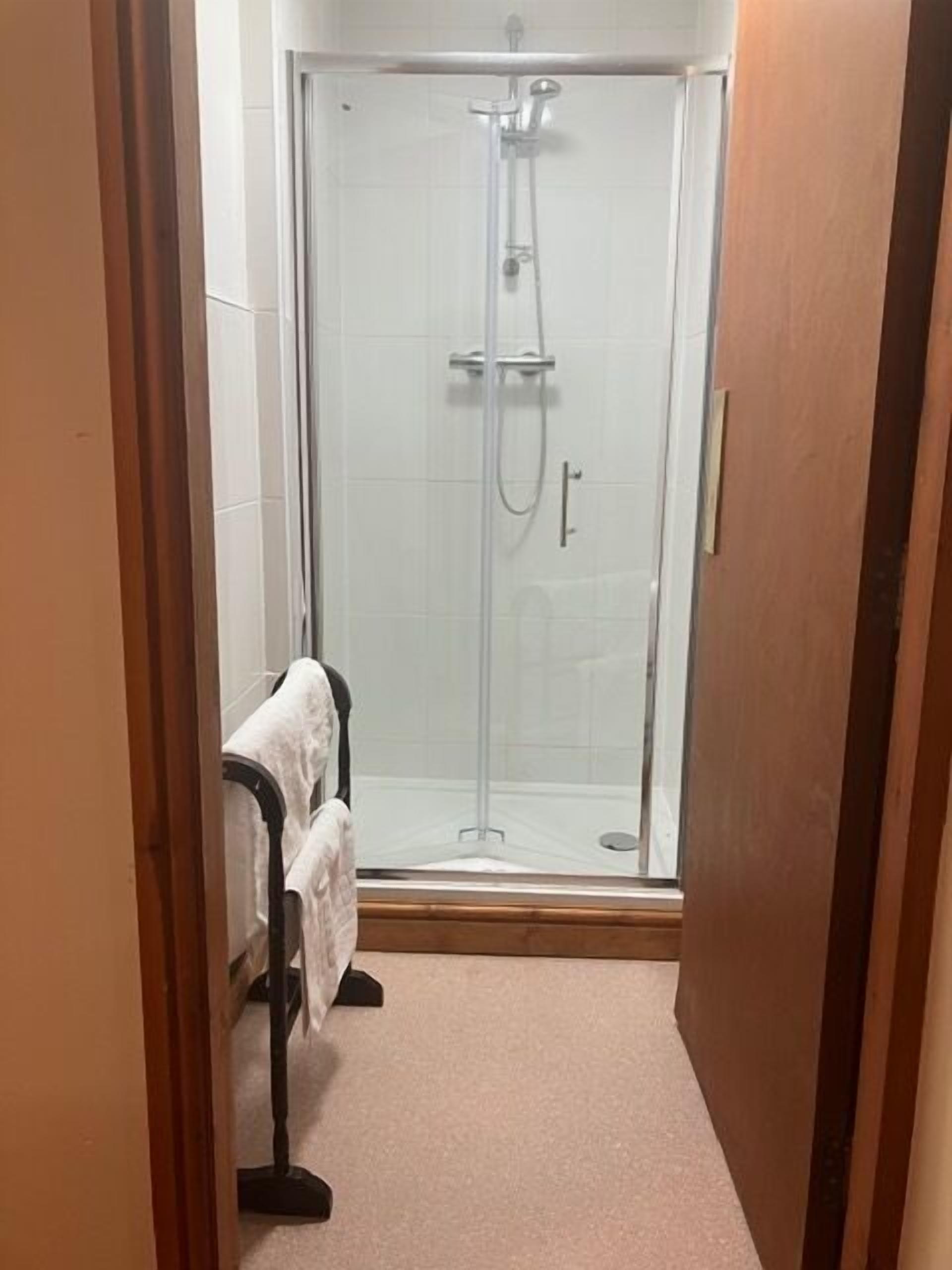 A glass-enclosed shower stall with a handheld showerhead and a handheld faucet.