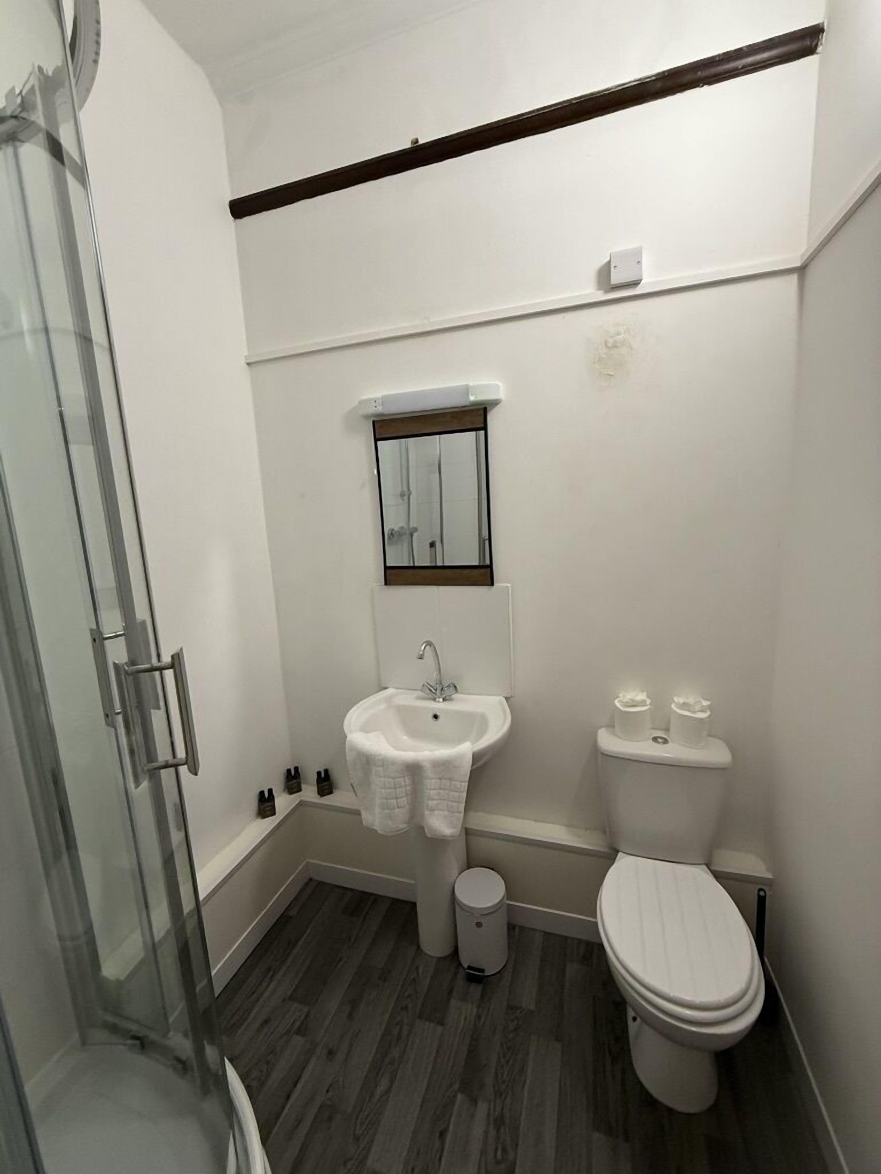 A bathroom with a glass shower enclosure, a white sink with a mirror above it, and a toilet.