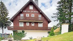 A hotel named "HOTEL DIANA" with a pond and lush greenery in the foreground. - Hotel Diana Feldberg (Feldberg)