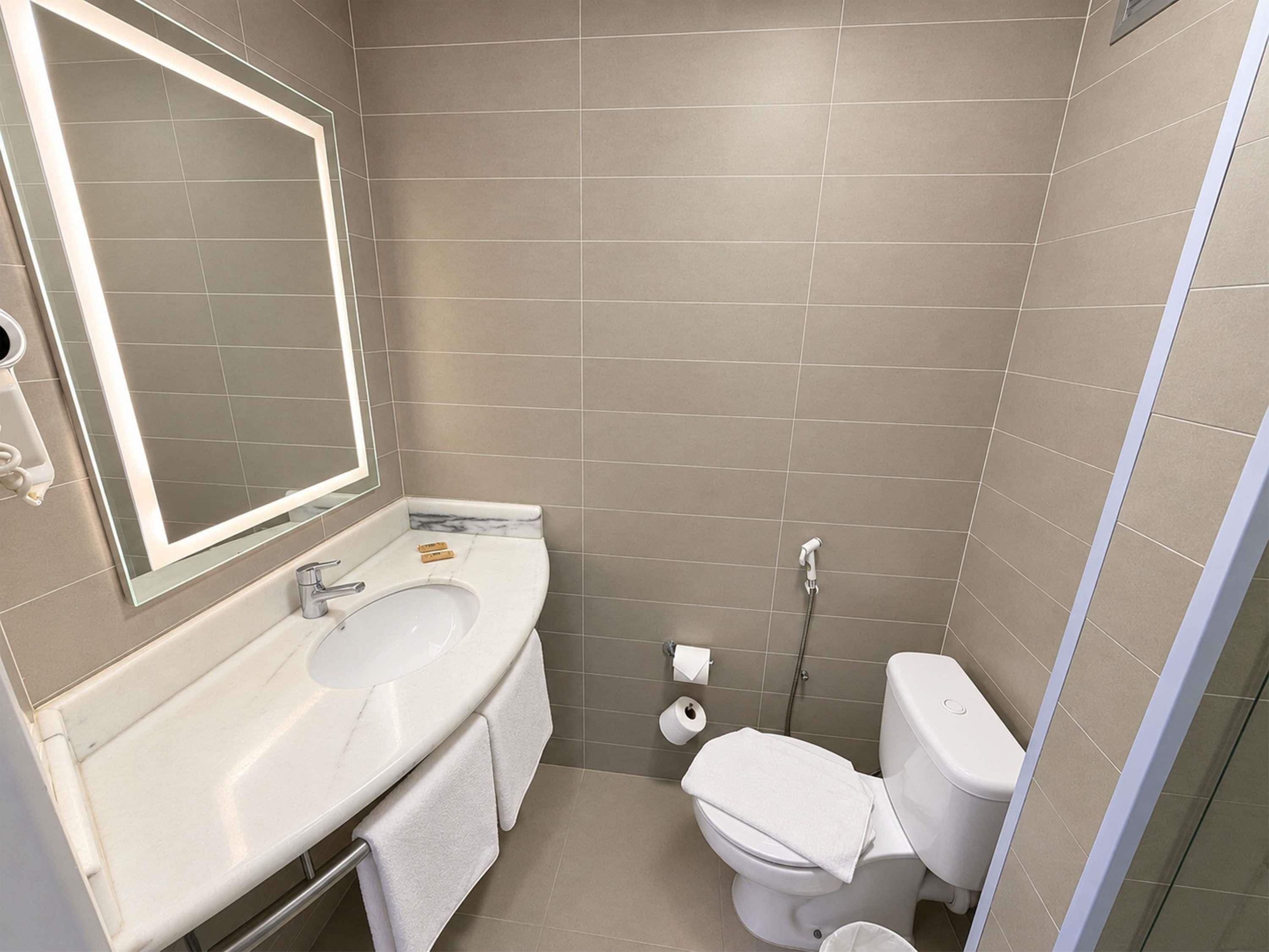 A bathroom with a white sink, mirror, and toilet.