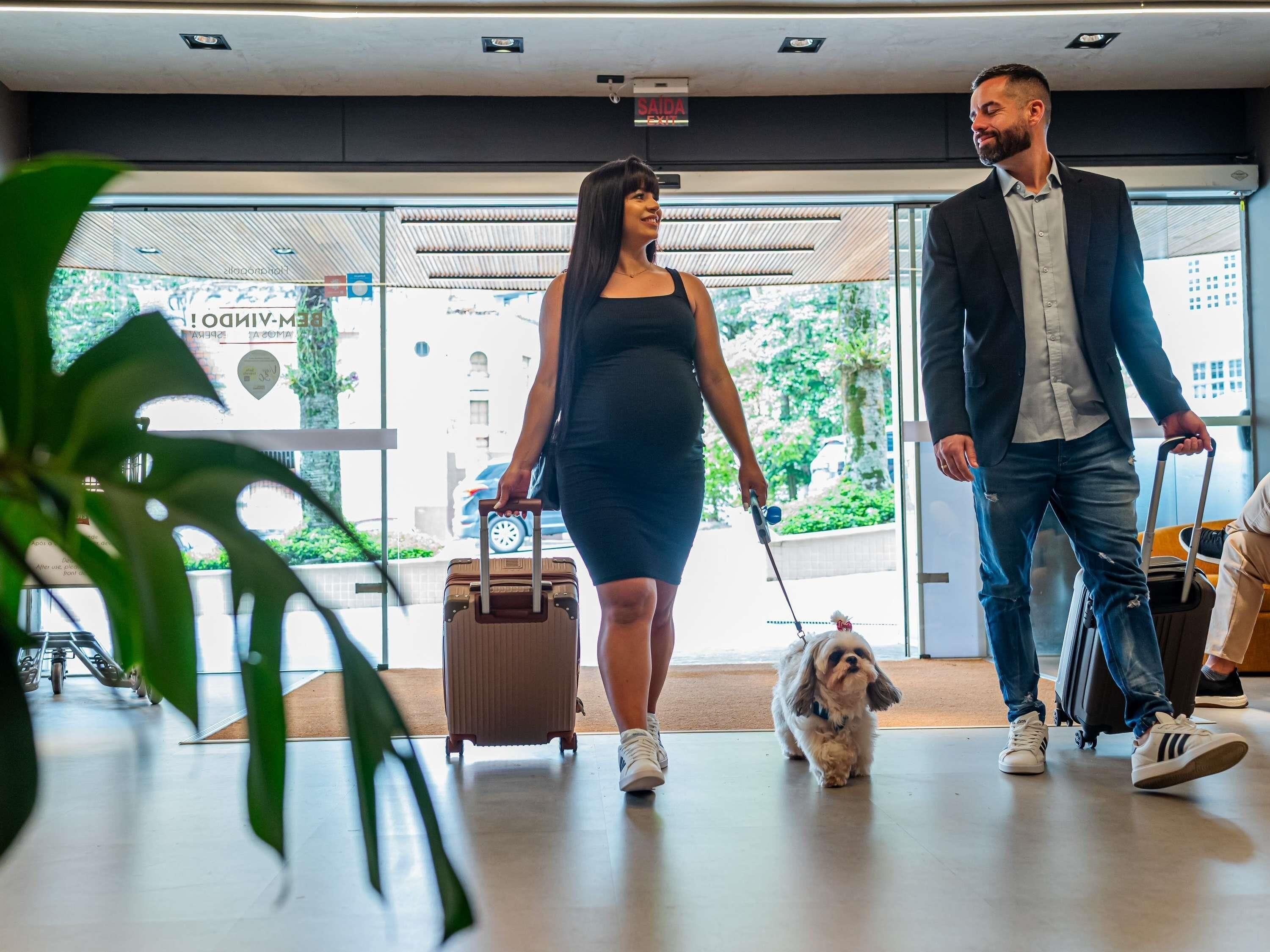 En hotellobby med et stort vindue, et skilt der angiver en udgang, og en lille hund der går.