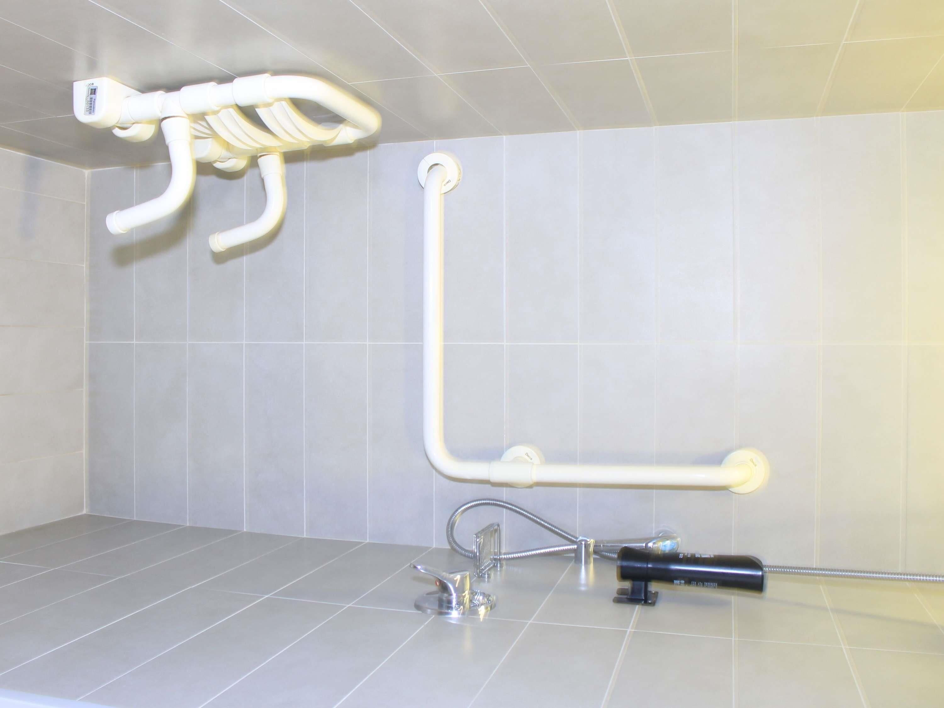 Un bagno con zona doccia, maniglione e doccetta.