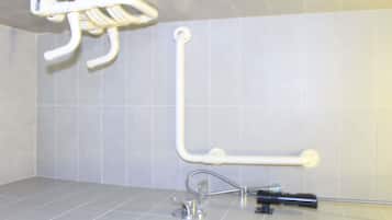 Un bagno con zona doccia, maniglione e doccetta.