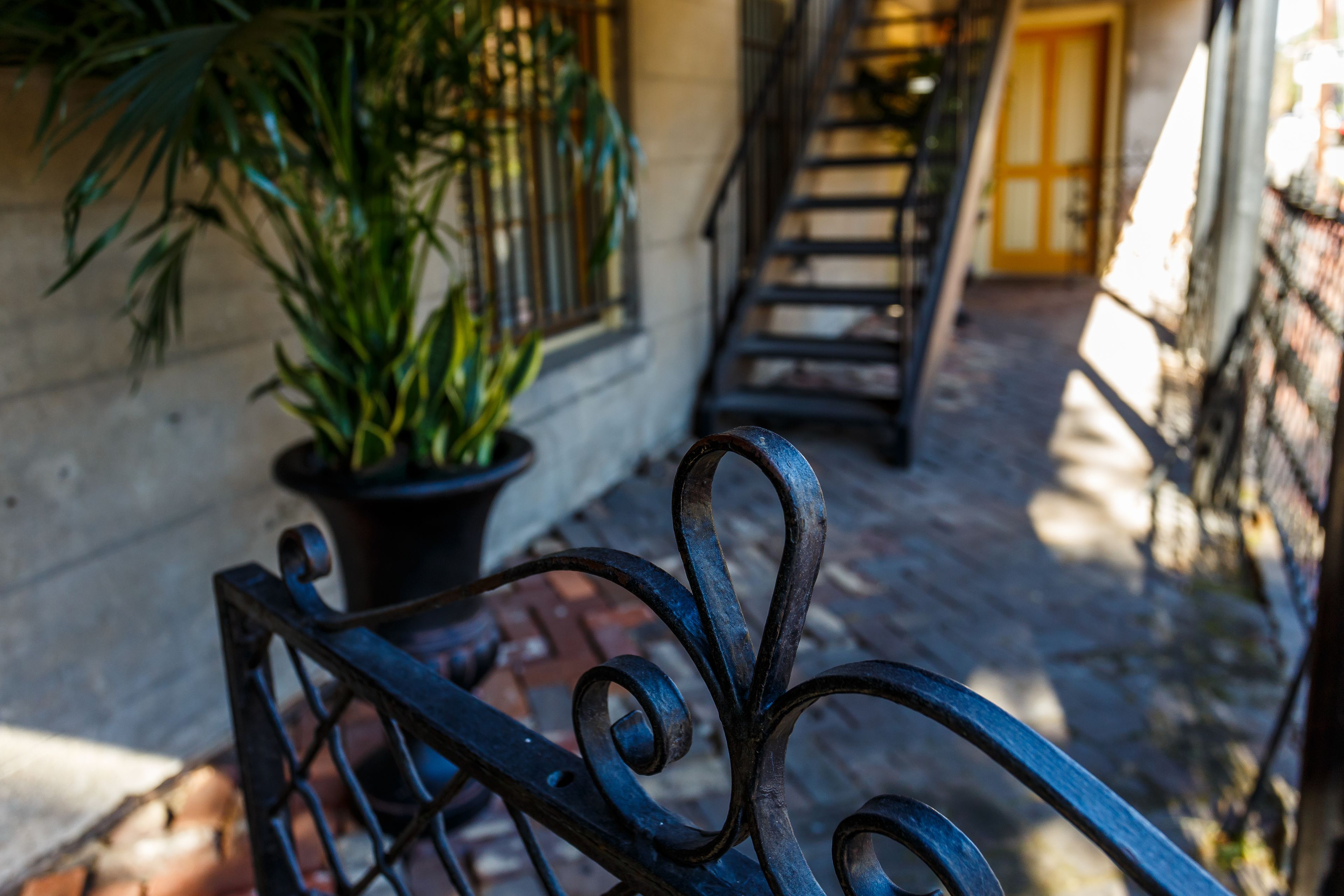 A metal railing with a potted plant beside it.