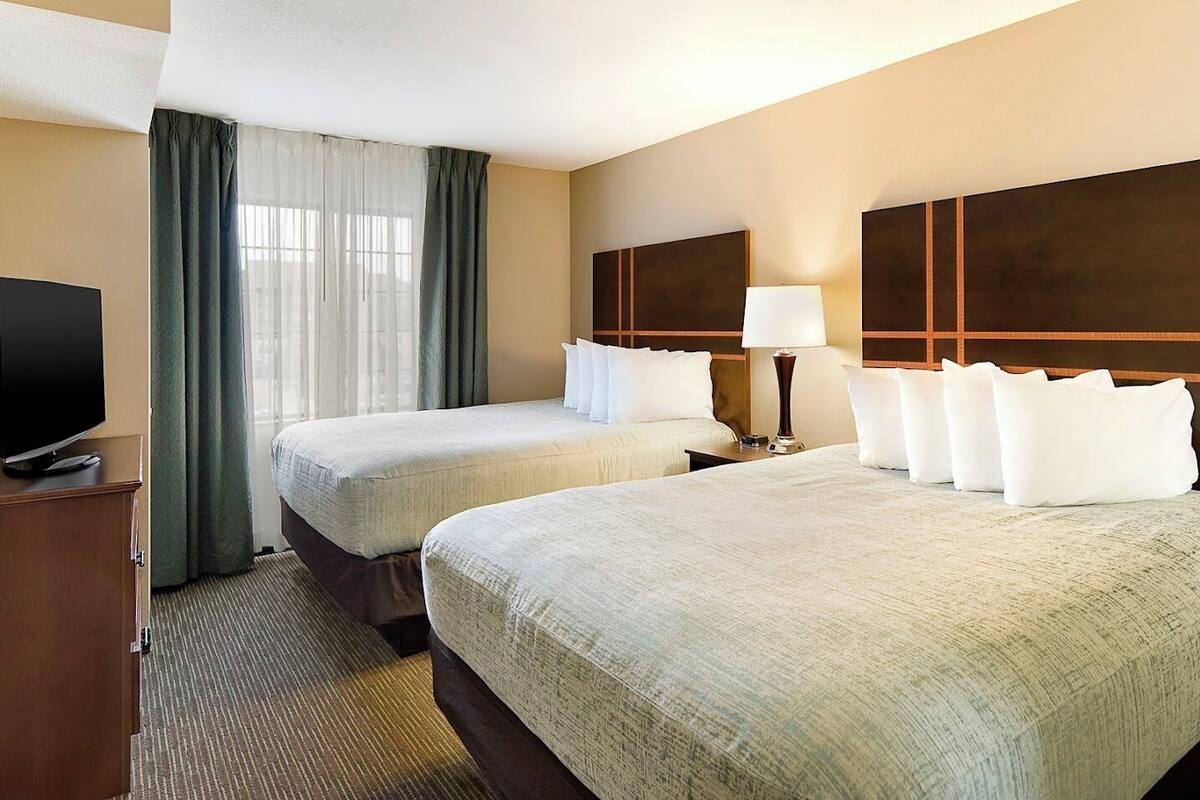 A hotel room with two beds, a television, a lamp, and a view of the outdoors through sheer curtains.