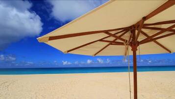 A beach umbrella with a clear view of the ocean and sky.