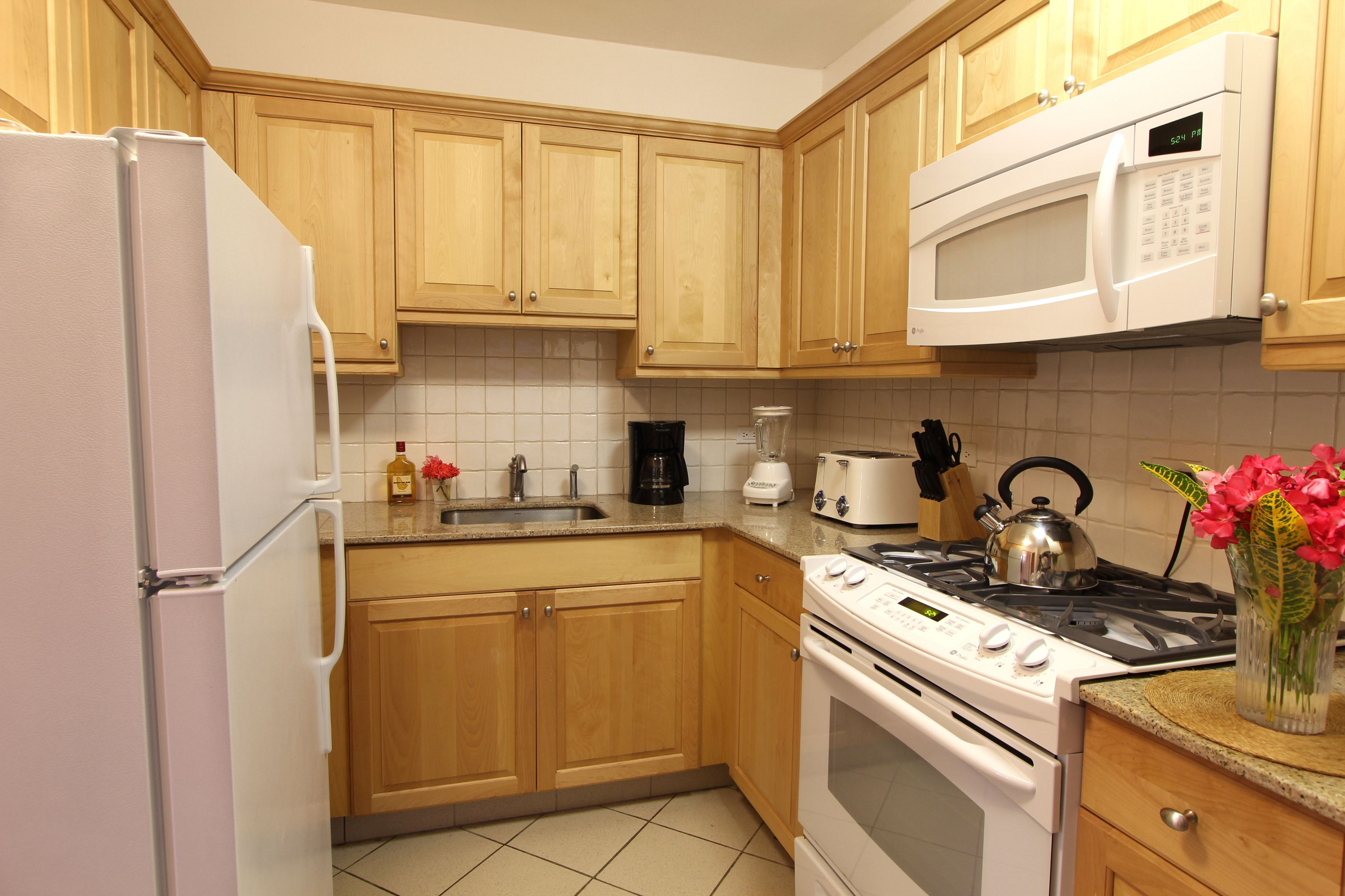 full-sized fridge, microwave, oven, stovetop