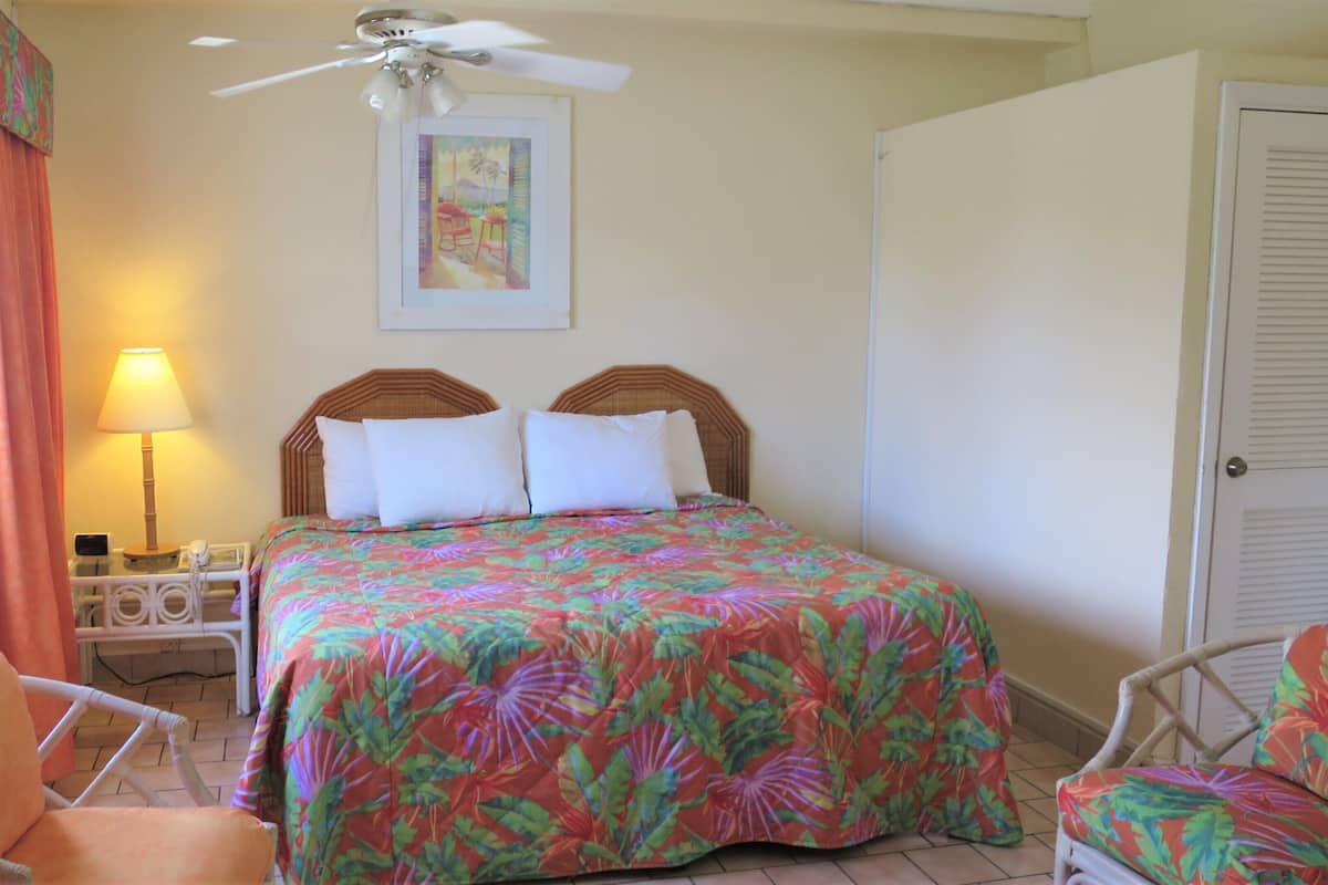 A hotel room with a bed, a chair, a lamp, a ceiling fan, and a door.