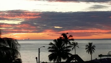 Un atardecer sobre el océano con palmeras y un barco a lo lejos.