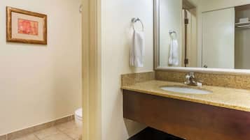 Une salle de bain équipée d’un lavabo, d’un miroir, d’un porte-serviettes et d’un tableau encadré au mur.