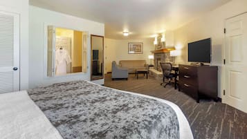 Een hotelkamer met een groot bed, een bureau met stoel, een televisie en een bank.